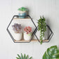Black geometric 2-tier floating shelf with plants and decor.