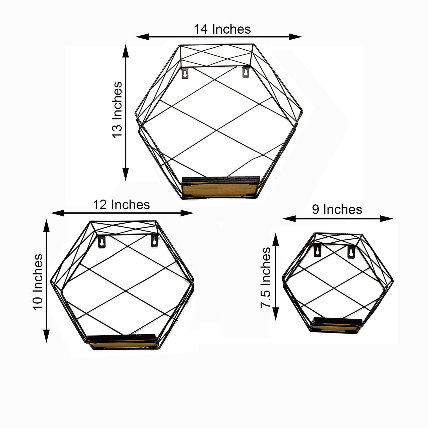 Black hexagonal floating wall shelves in three sizes, geometric design.