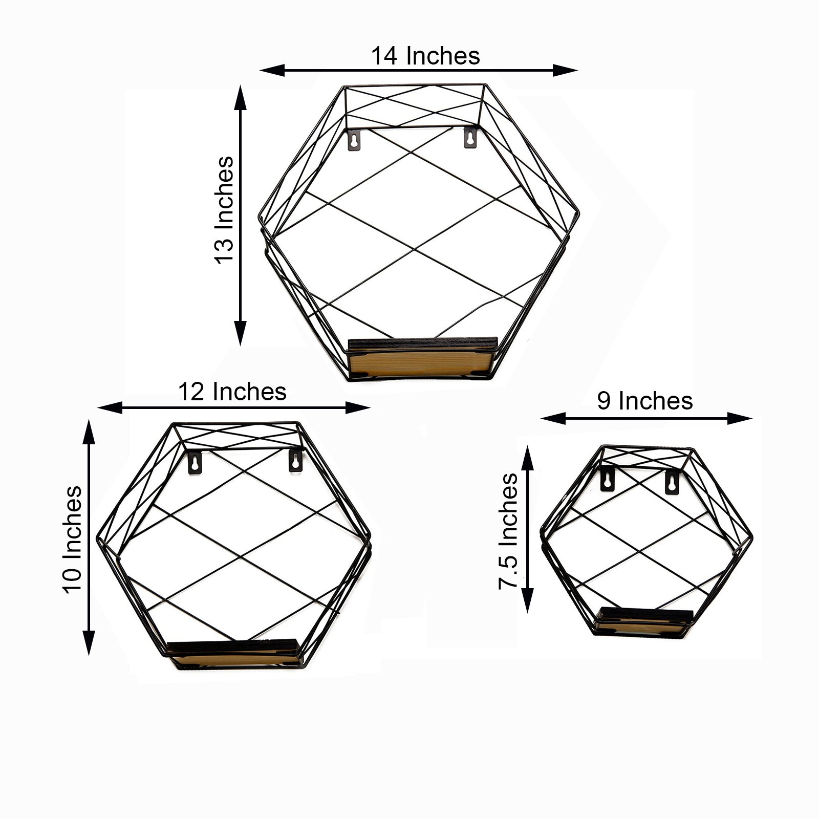 Black hexagonal floating wall shelves in three sizes, geometric design.