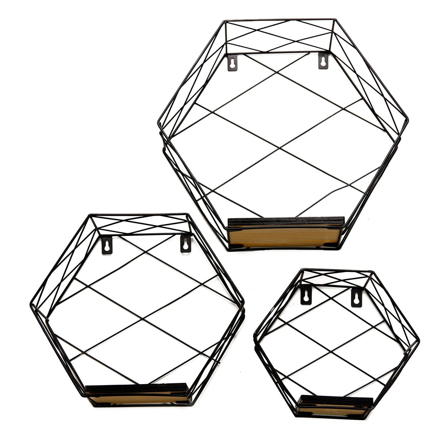 Black hexagonal floating wall shelves in three sizes.