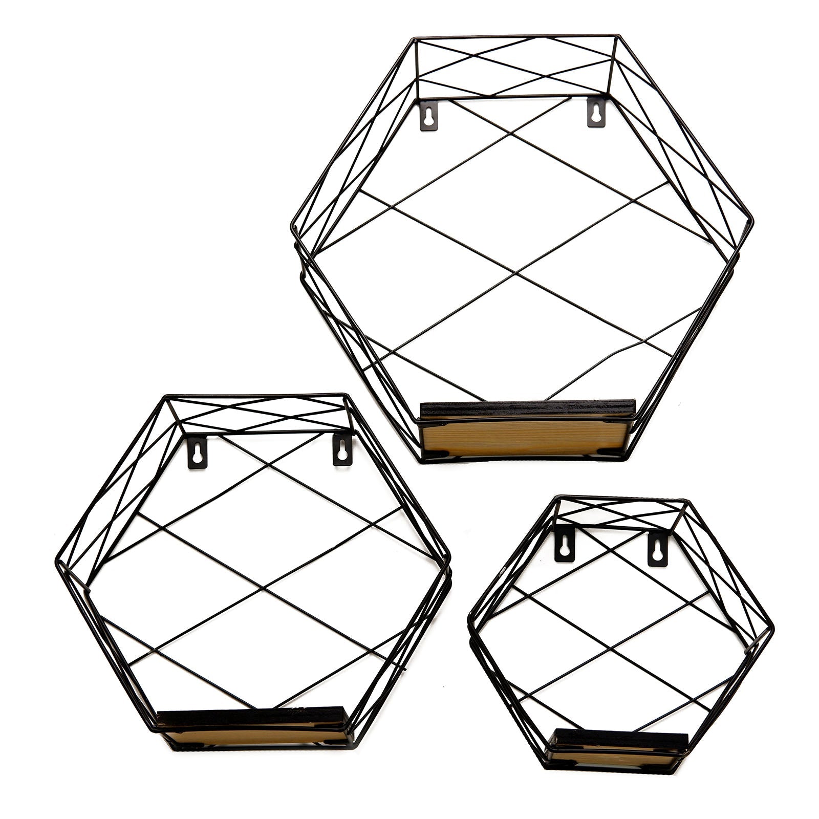 Black hexagonal floating wall shelves in three sizes.