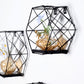Black hexagonal floating wall shelves with decorative vases.