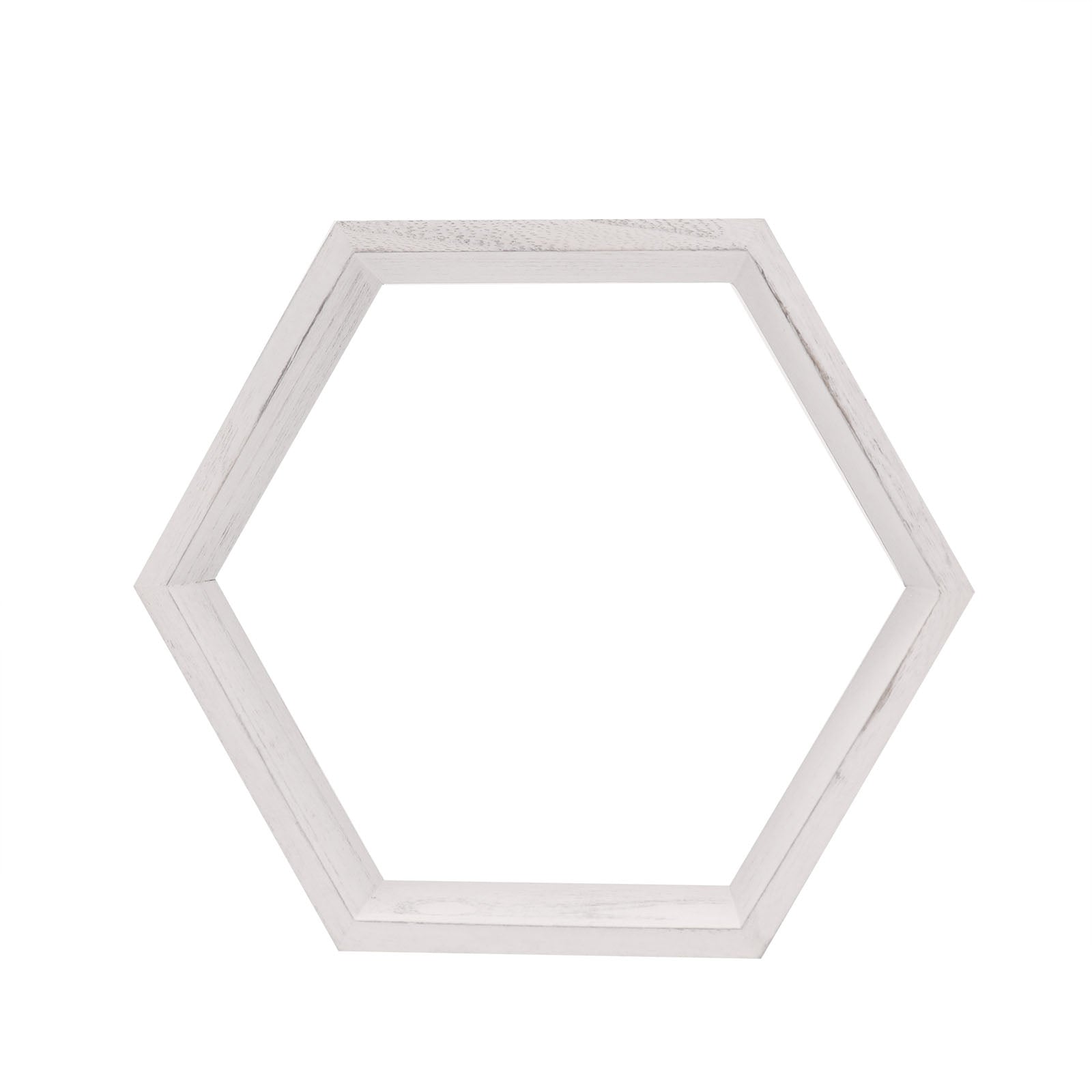 Whitewashed hexagon wood centerpiece for geometric decor and storage.