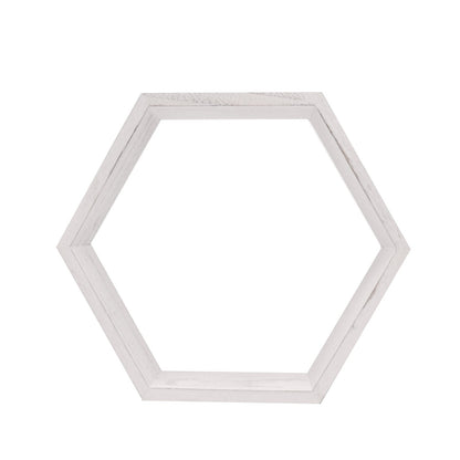 Whitewashed hexagon wood centerpiece for geometric decor and storage.