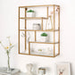 Gold metal 4-tier wall shelf with white wood panels and decorative plants.