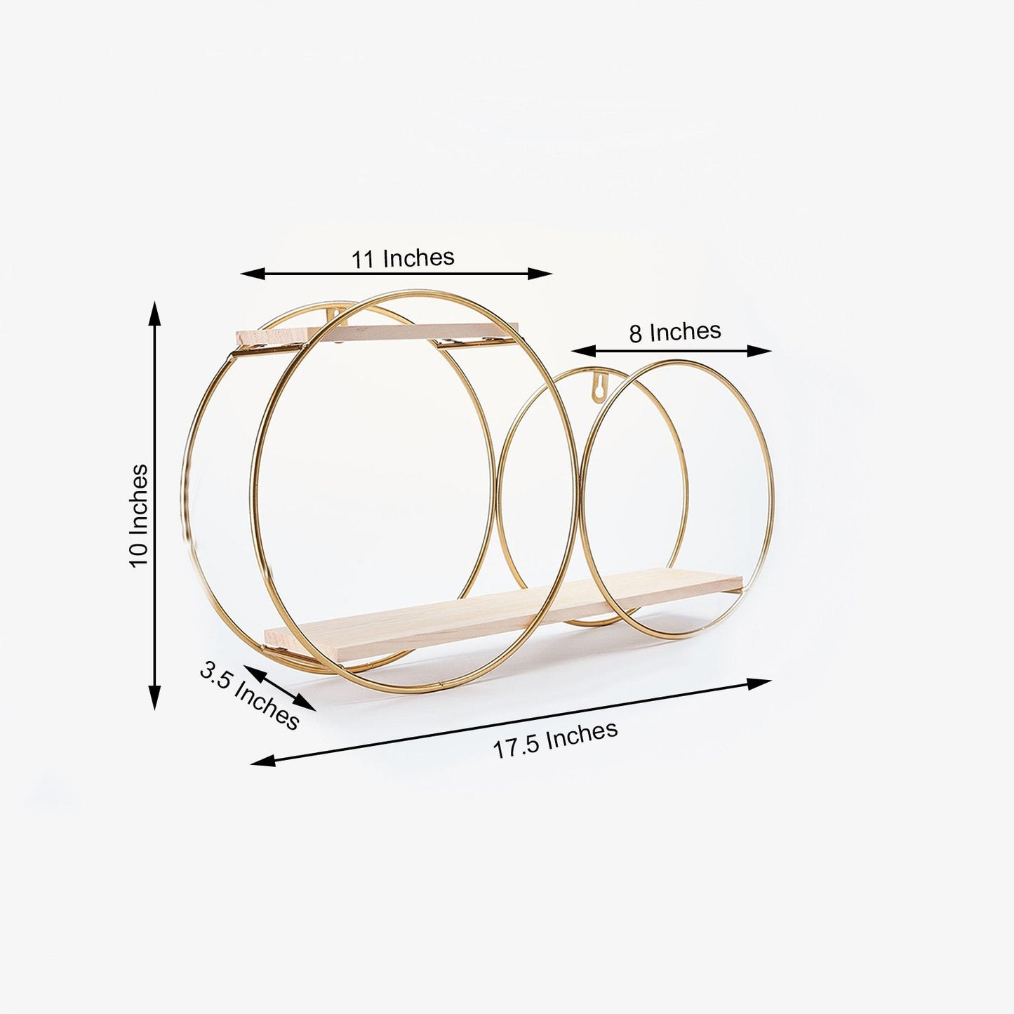 Gold 2-tier round floating shelf with double hoop design for dessert display.