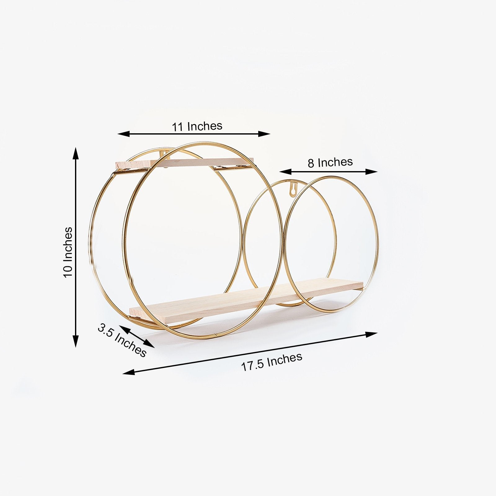 Gold 2-tier round floating shelf with double hoop design for dessert display.