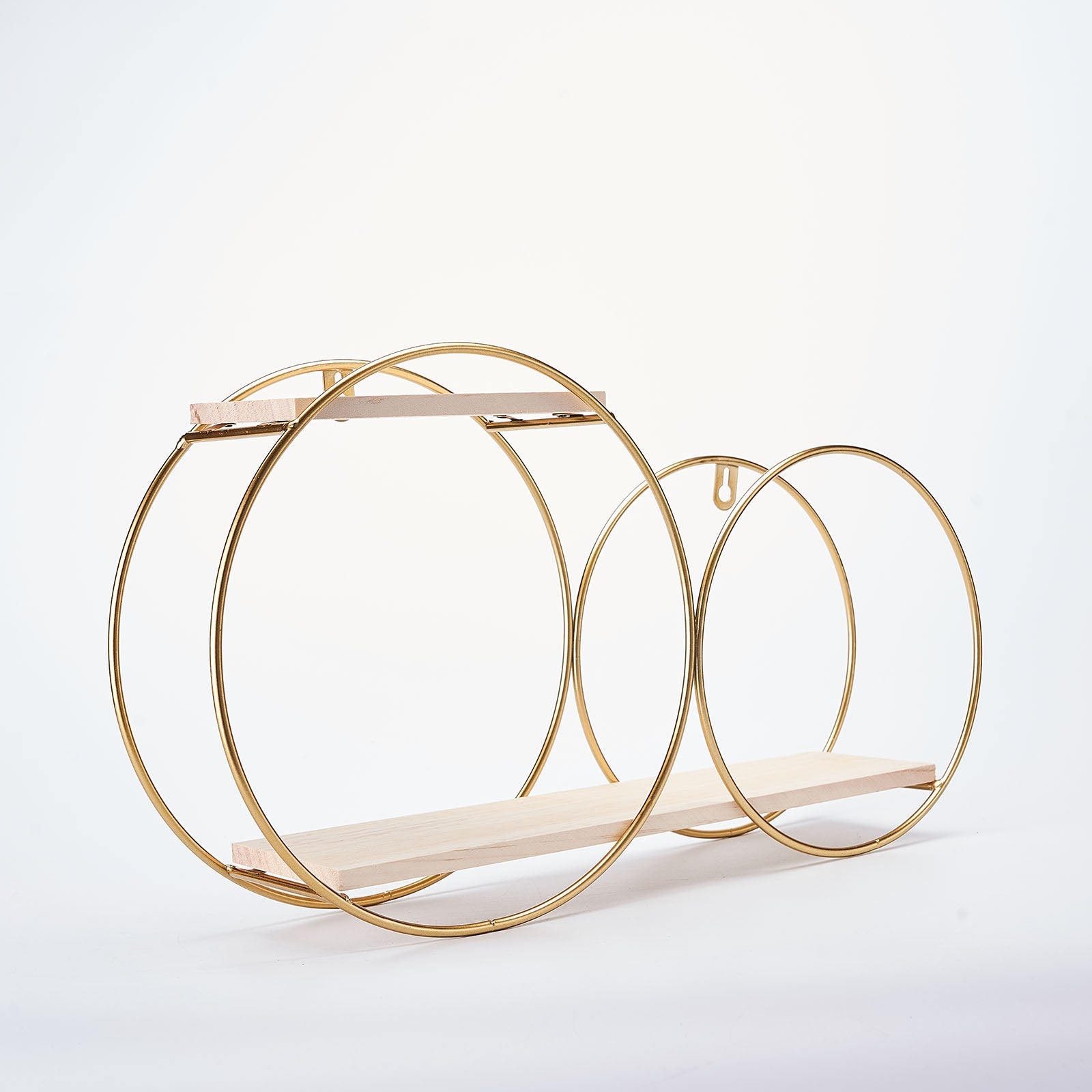 Gold 2-tier round floating shelf with double hoop design for desserts.