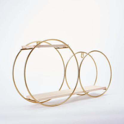 Gold 2-tier round floating shelf with double hoop design for desserts.