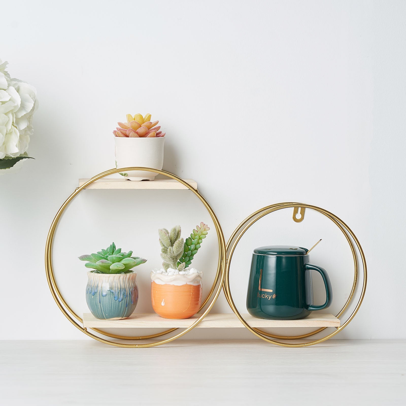 Gold 2-tier round floating shelf with plants and a mug, perfect for display.