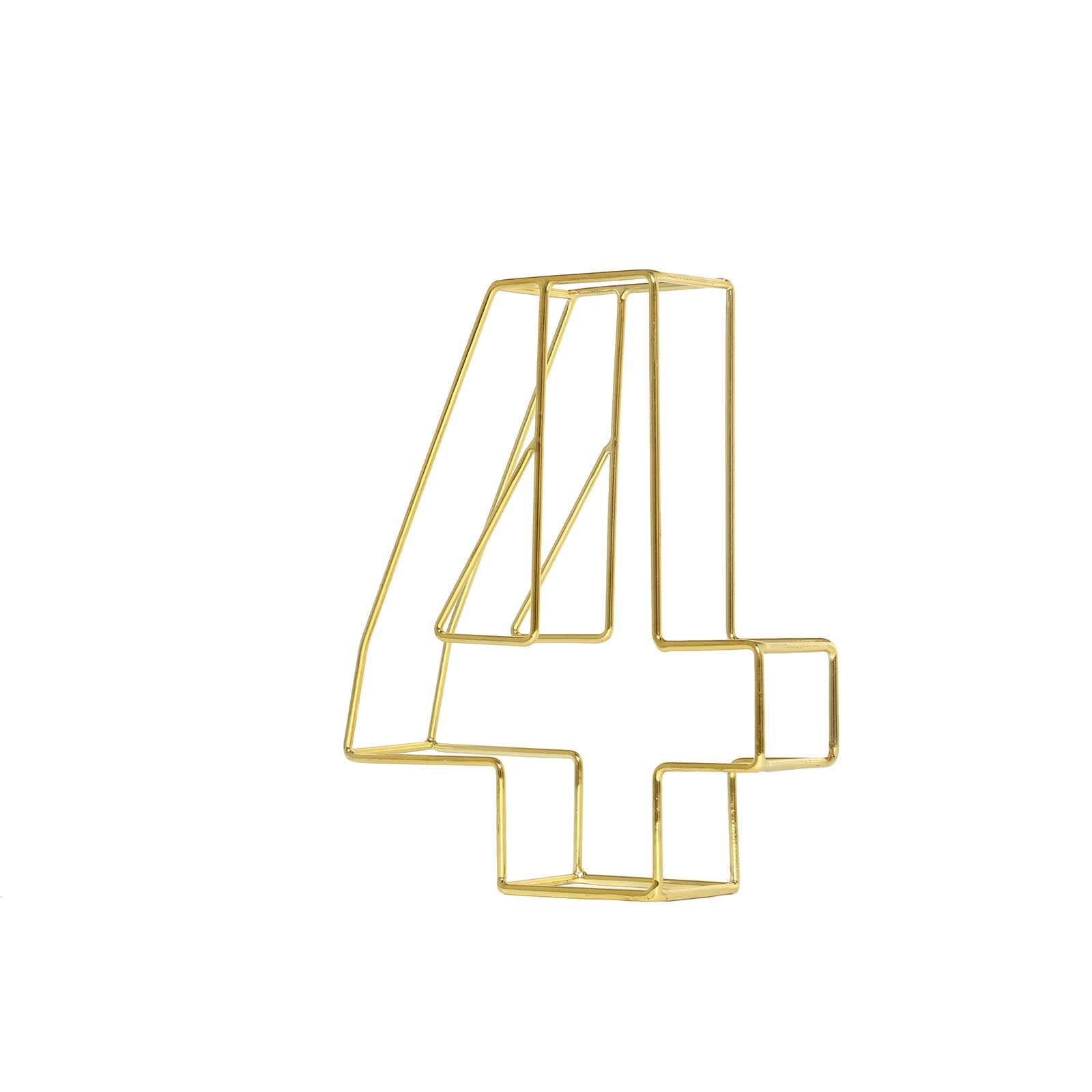 Gold wedding table number 4 in freestanding 3D metal wire design.