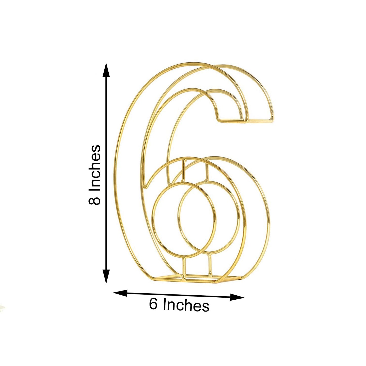 Gold 8" tall decorative metal wire table number "6" for weddings.