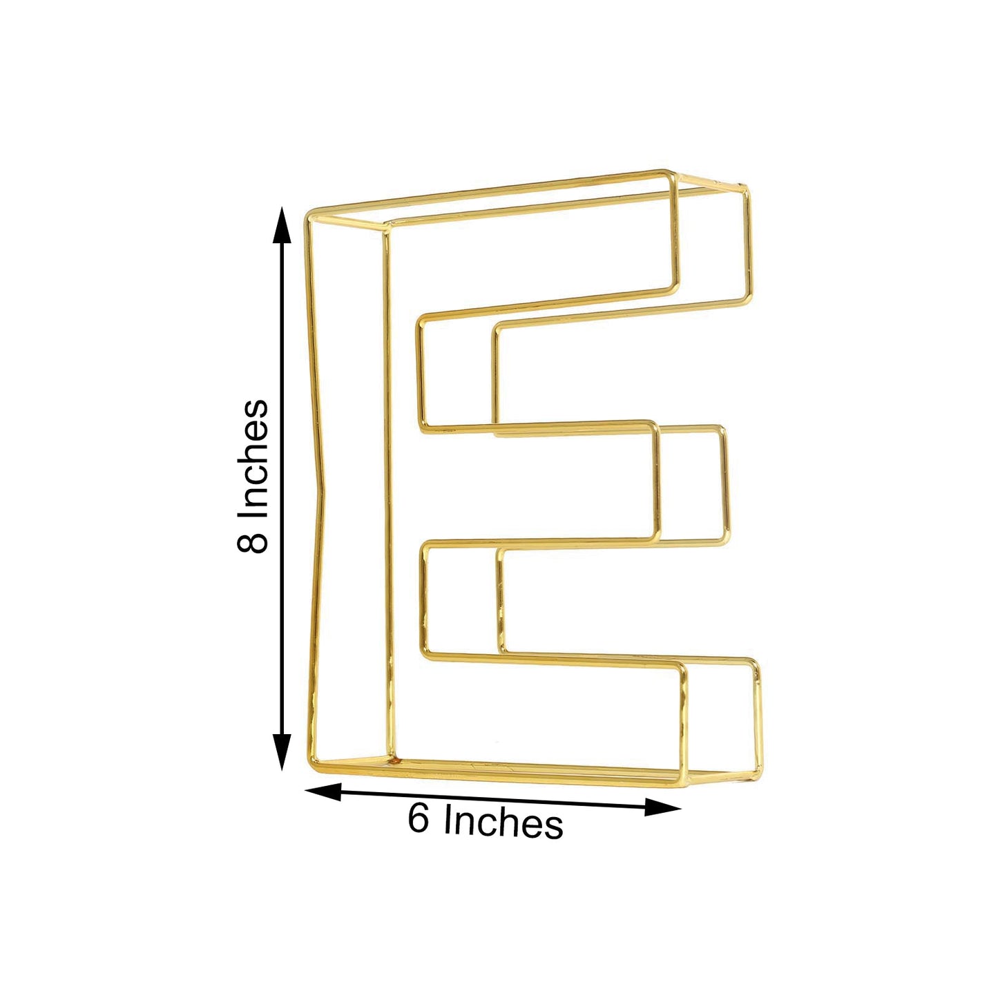 Gold freestanding decorative wire letter "E", 8 inches tall, perfect for wedding centerpiece.