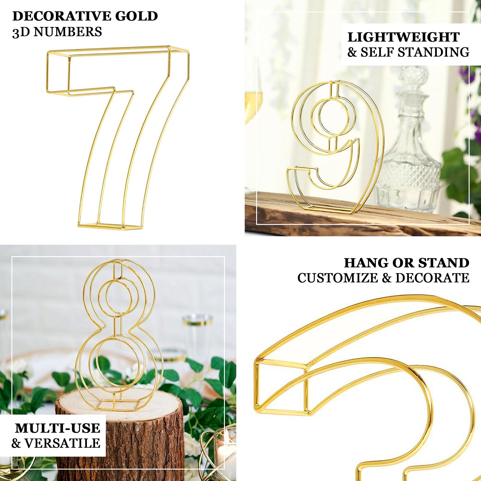 Gold 8" tall freestanding decorative metal wedding table number.