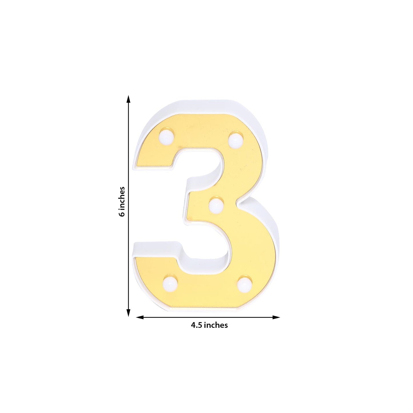 Gold 3D marquee number 3 with warm white LED lights.