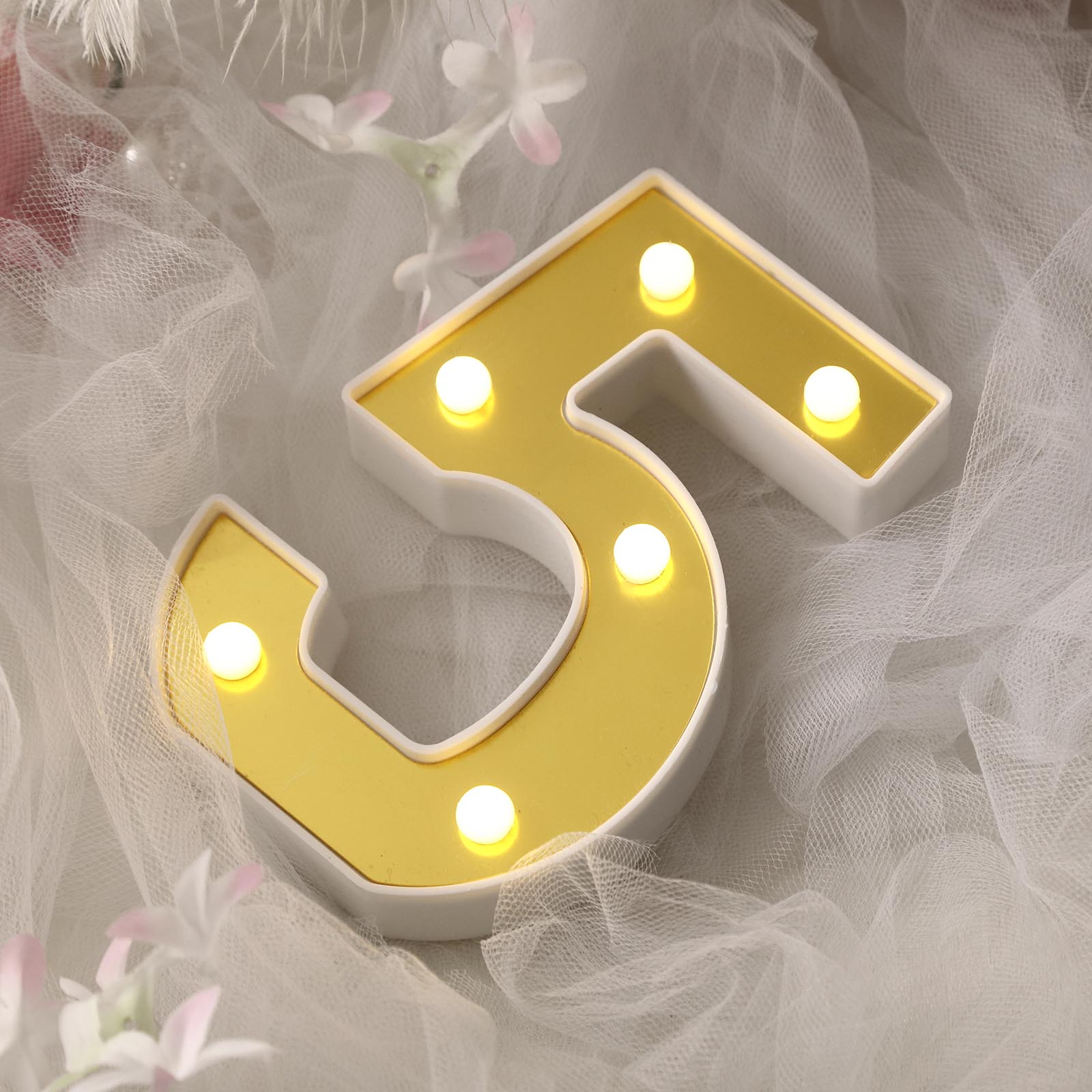 Warm white 6 LED light up number 5 in gold and white.