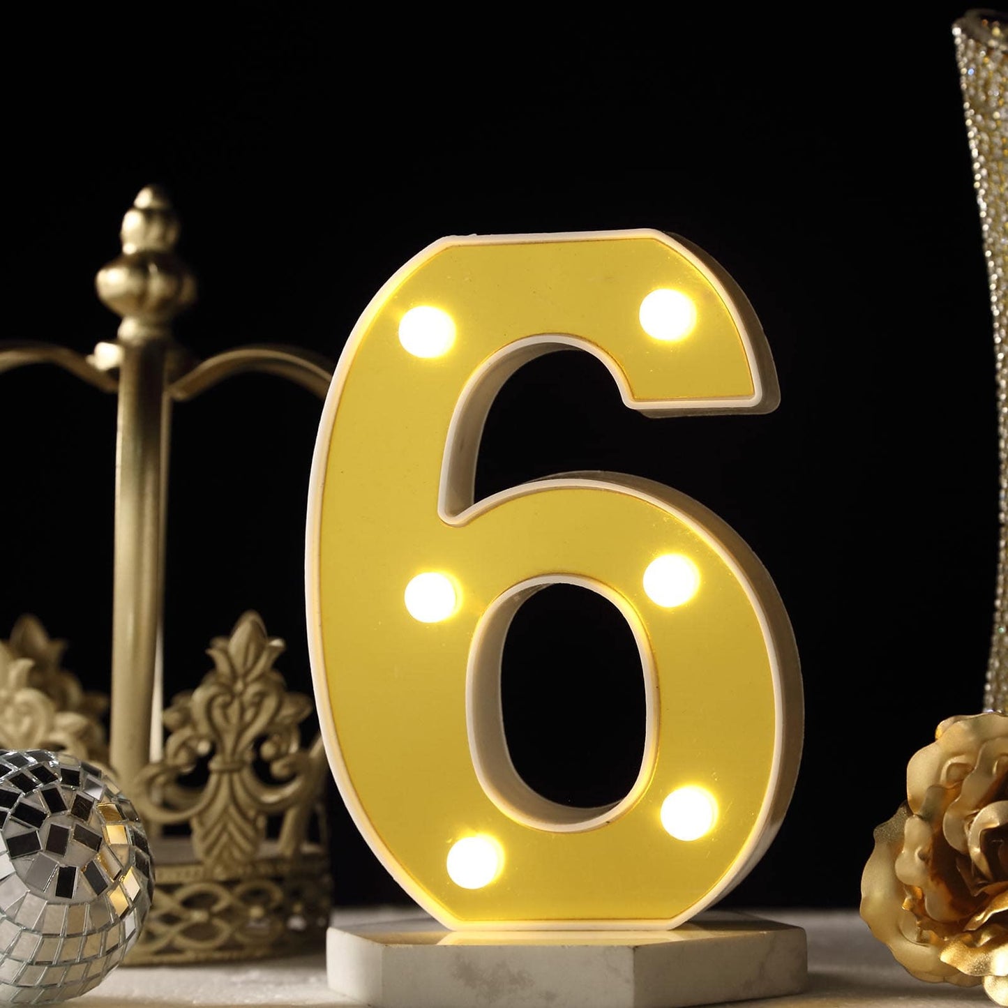 Warm white light up number 6 in 3D marquee style.