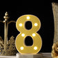 Yellow 3D marquee number 8 with warm white LED lights.