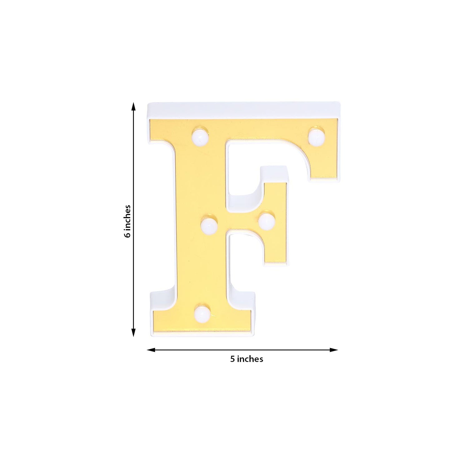 Gold 3D marquee letter 'F' with warm white LED lights, 6 inches tall.