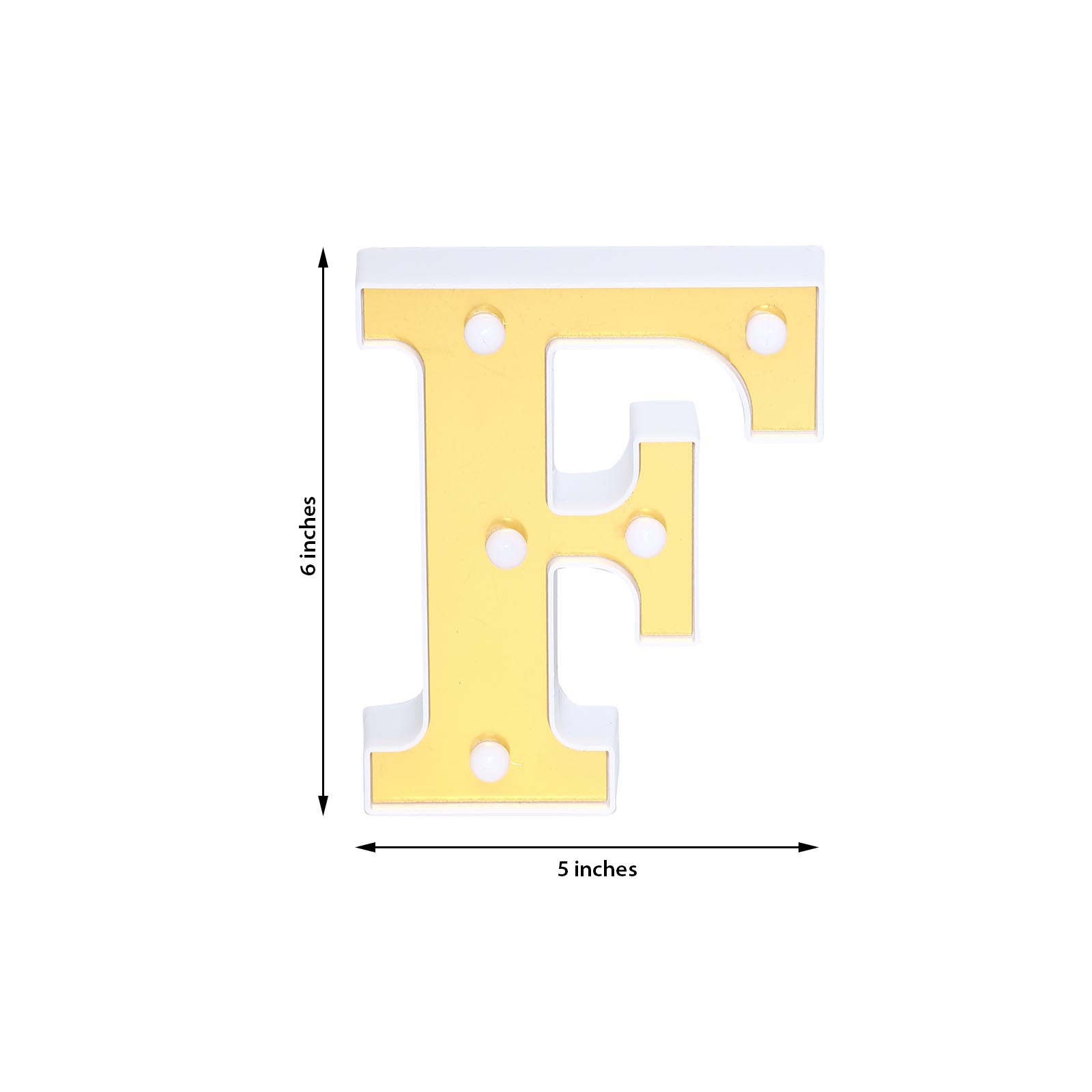 Gold 3D marquee letter 'F' with warm white LED lights, 6 inches tall.