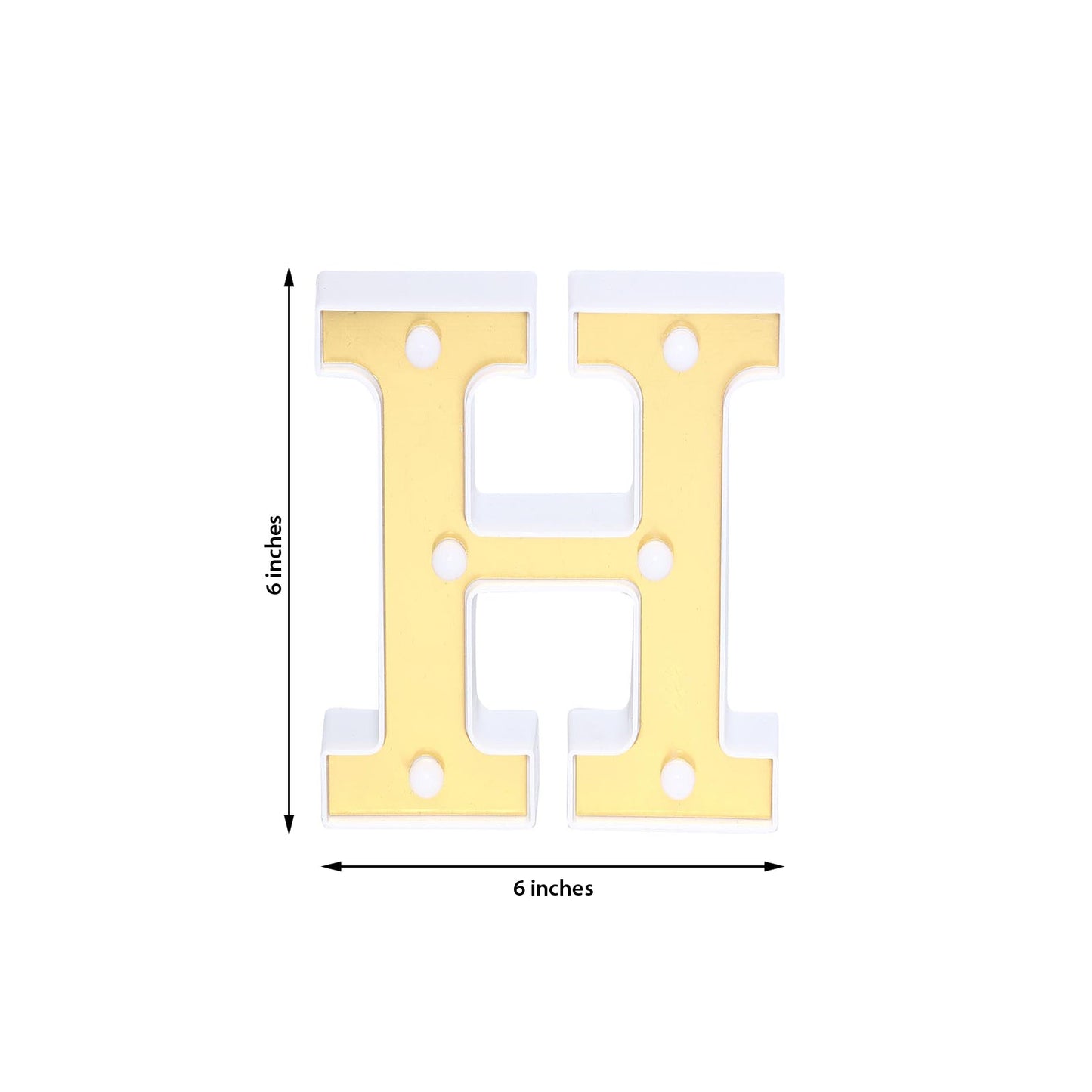 Gold 3D marquee letter "H" with warm white LED lights, 6 inches tall.