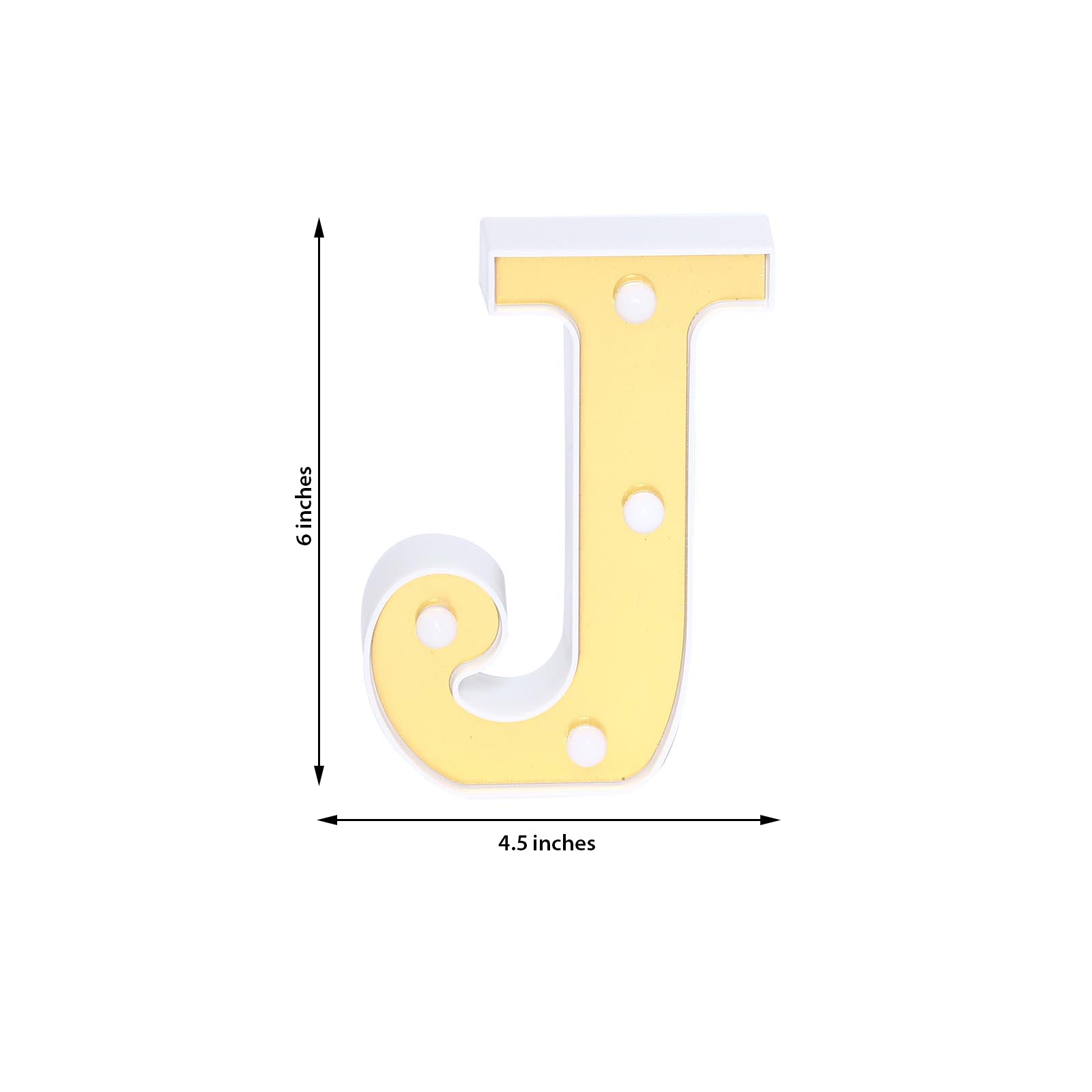Gold 3D marquee letter "J" with warm white LED lights.
