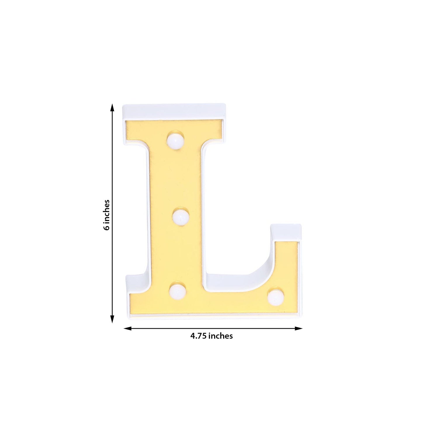Gold 3D marquee letter "L" with warm white LED lights.