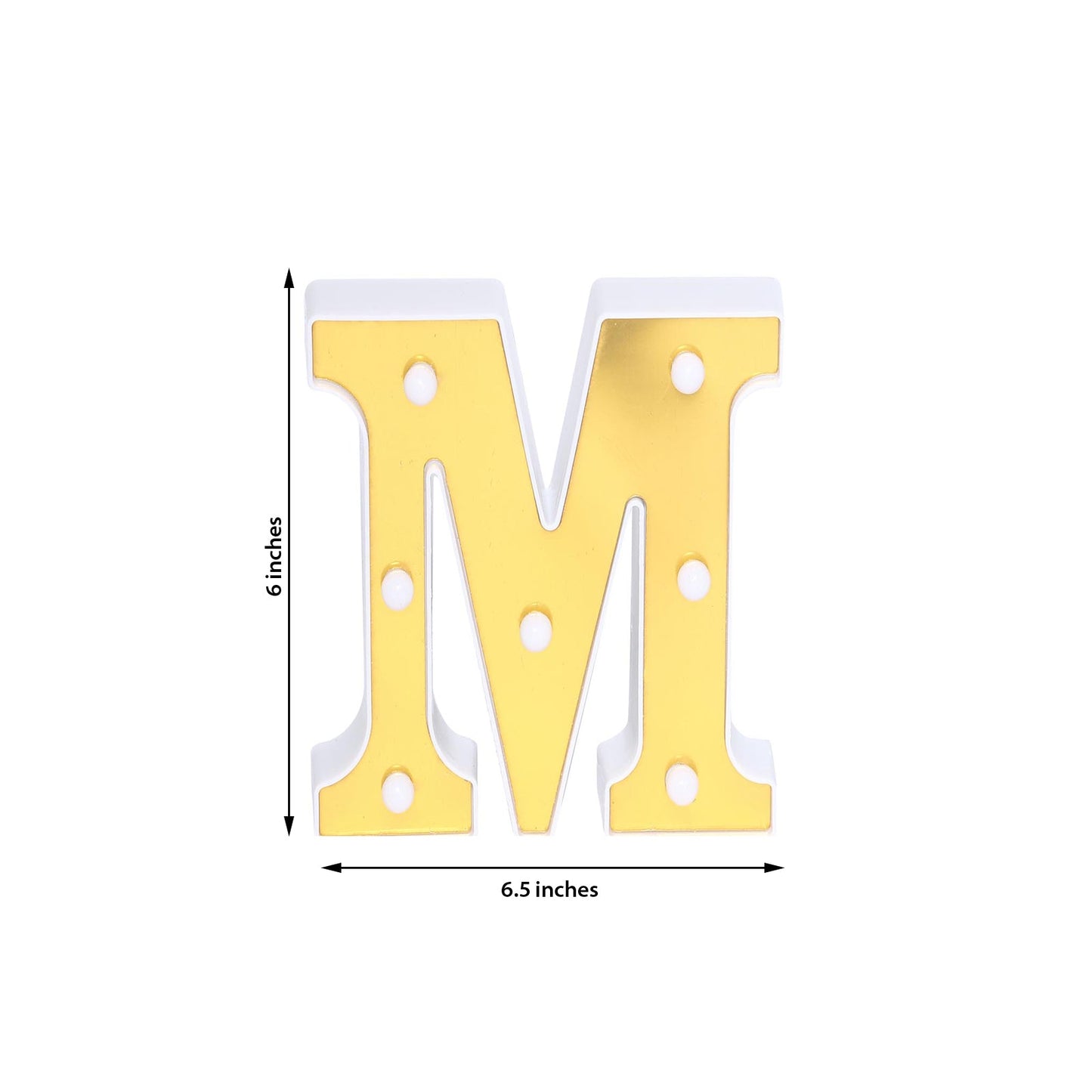Gold 3D marquee letter "M" with warm white LED lights.