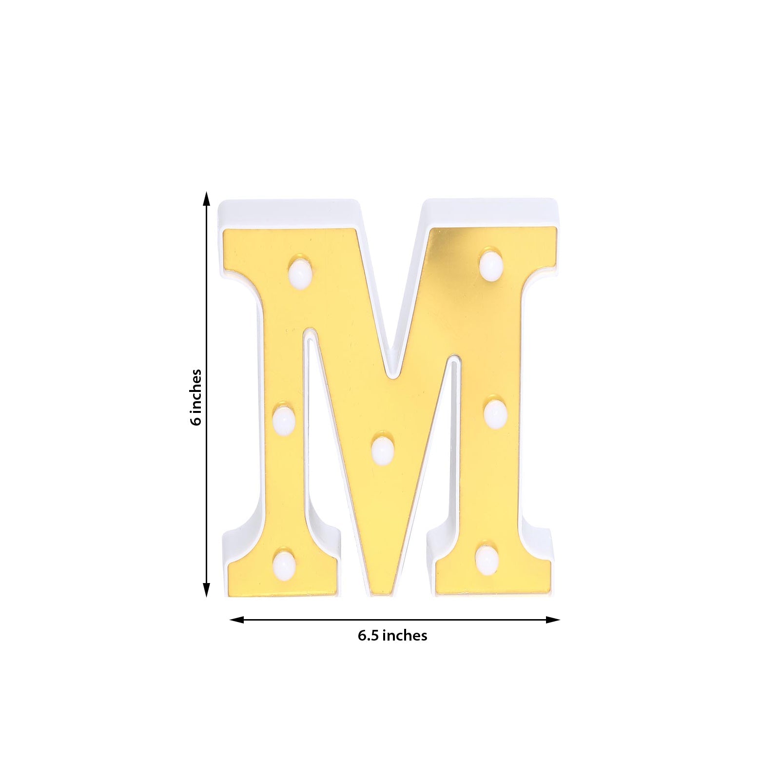 Gold 3D marquee letter "M" with warm white LED lights.