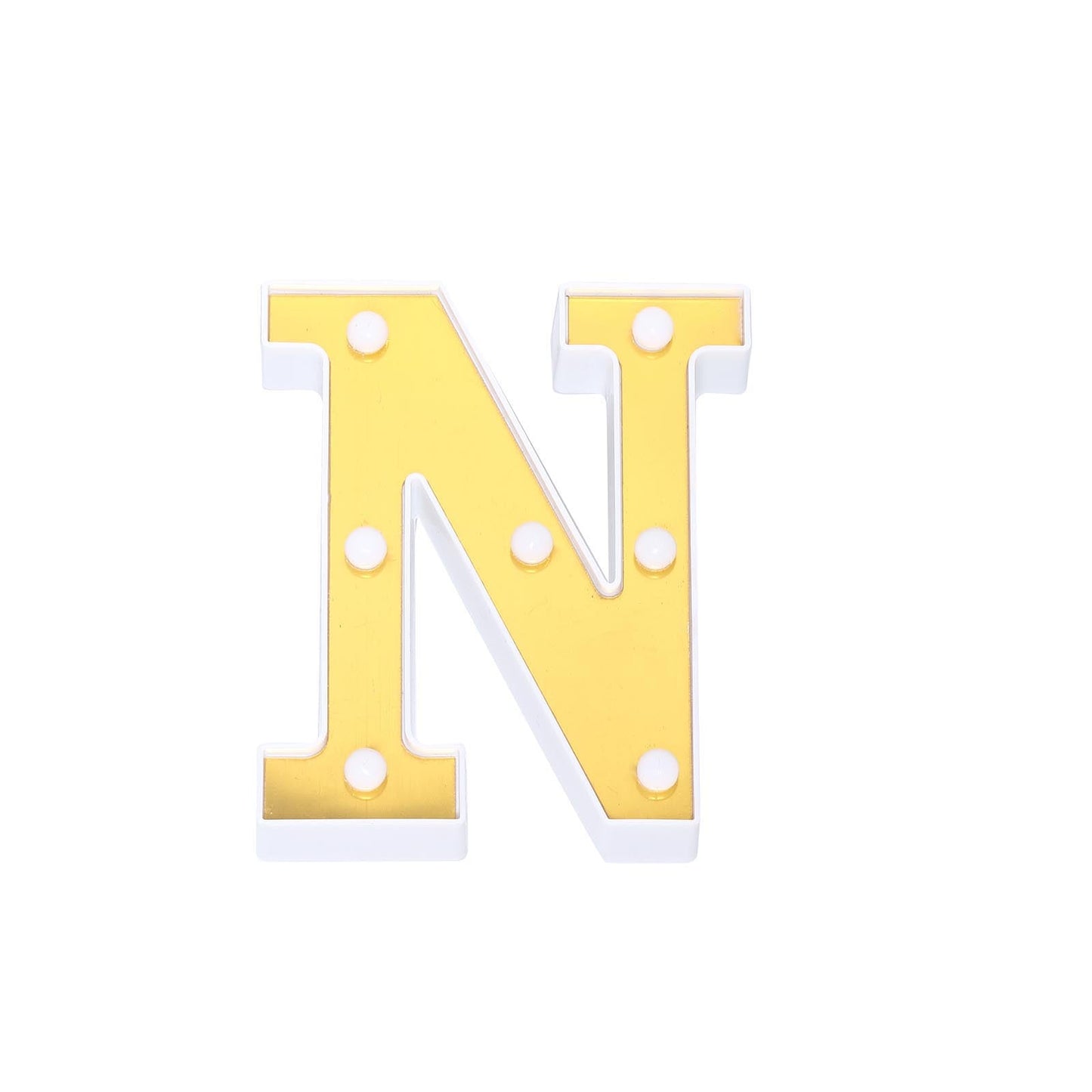 Gold 3D marquee letter "N" with warm white LED lights.