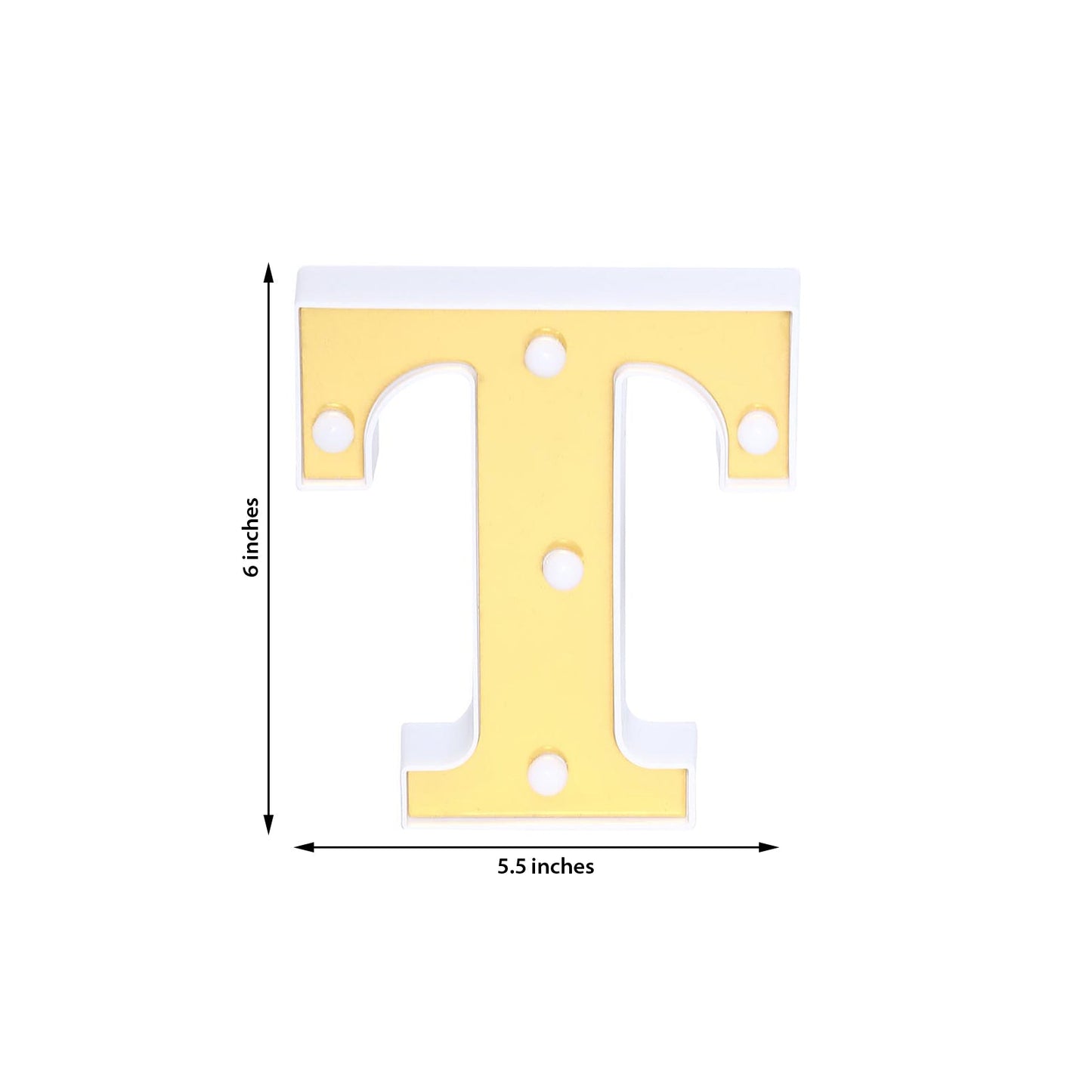 Gold 3D marquee letter "T" with warm white LED lights.