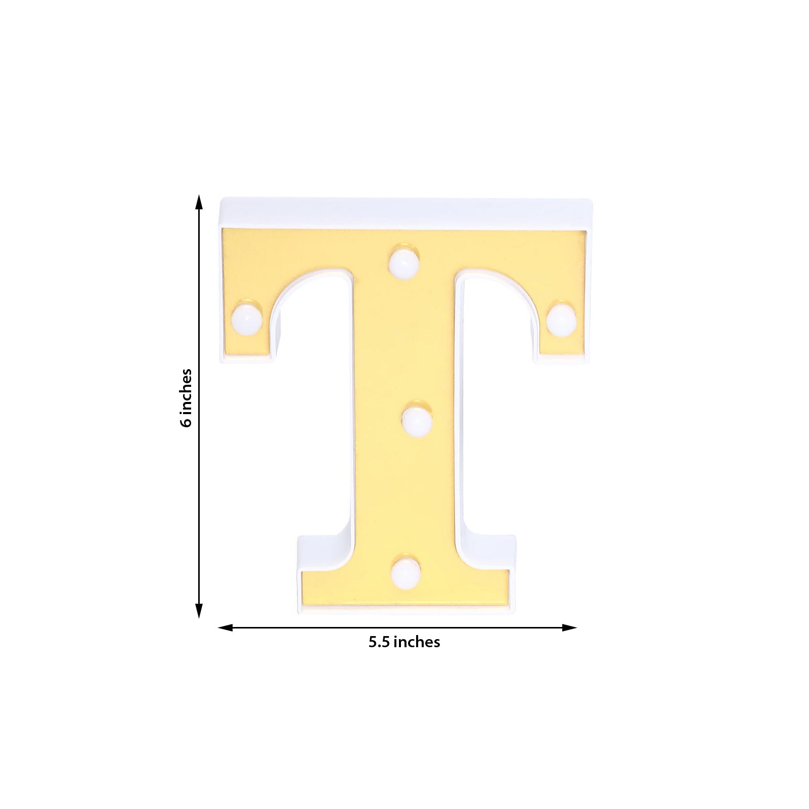 Gold 3D marquee letter "T" with warm white LED lights.