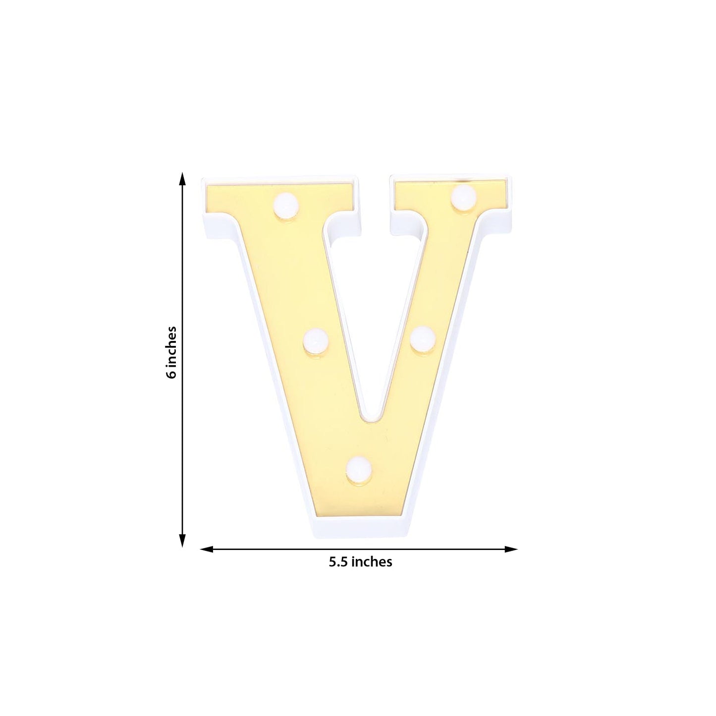 Gold 3D marquee letter "V" with warm white LED lights.