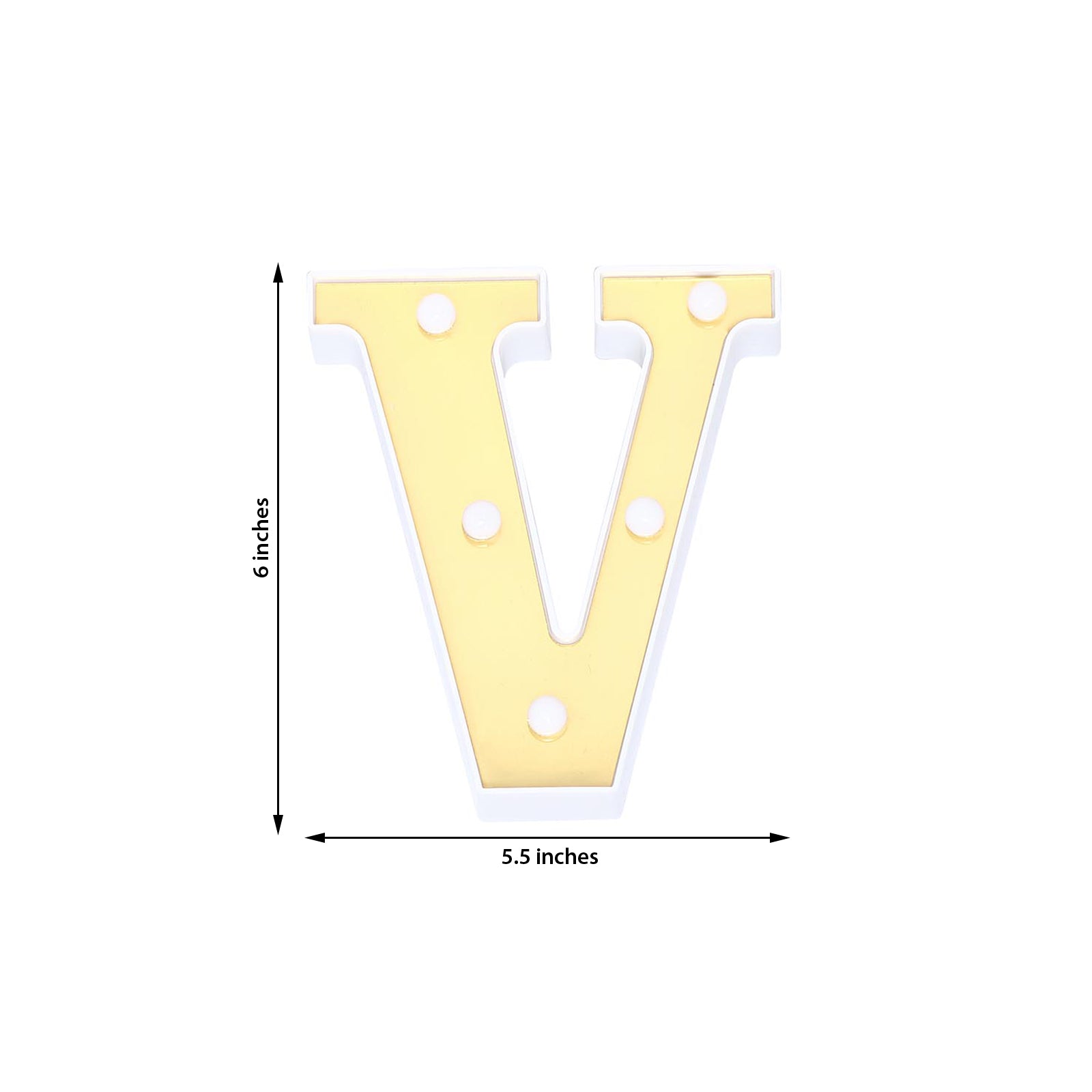 Gold 3D marquee letter "V" with warm white LED lights.