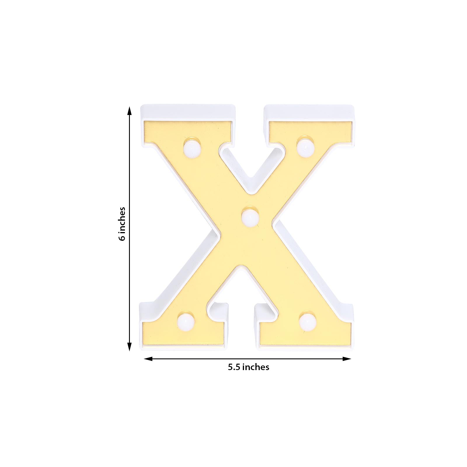 Gold 3D marquee letter X with warm white LED lights, 6 inches tall.