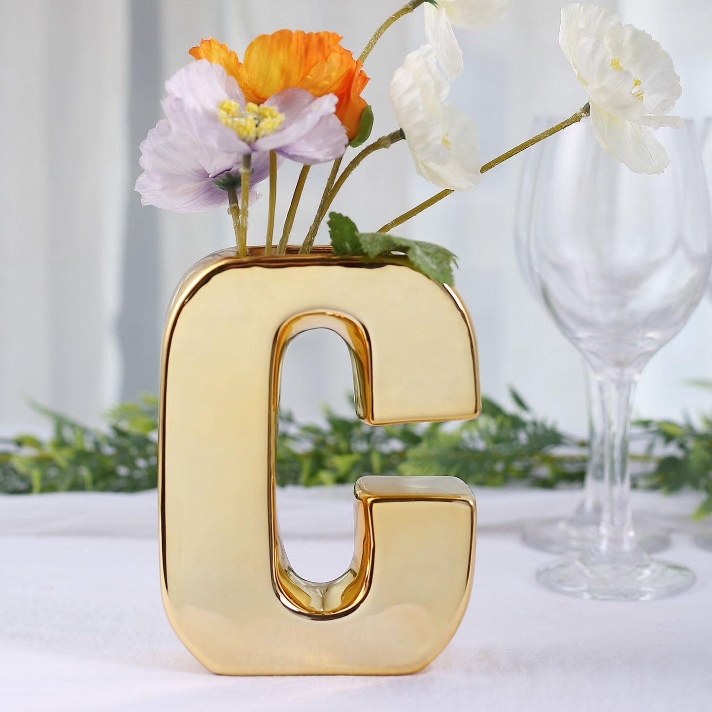 6" Shiny Gold Plated Ceramic Letter "C" Sculpture Flower Vase, Bud Planter Pot Table Centerpiece