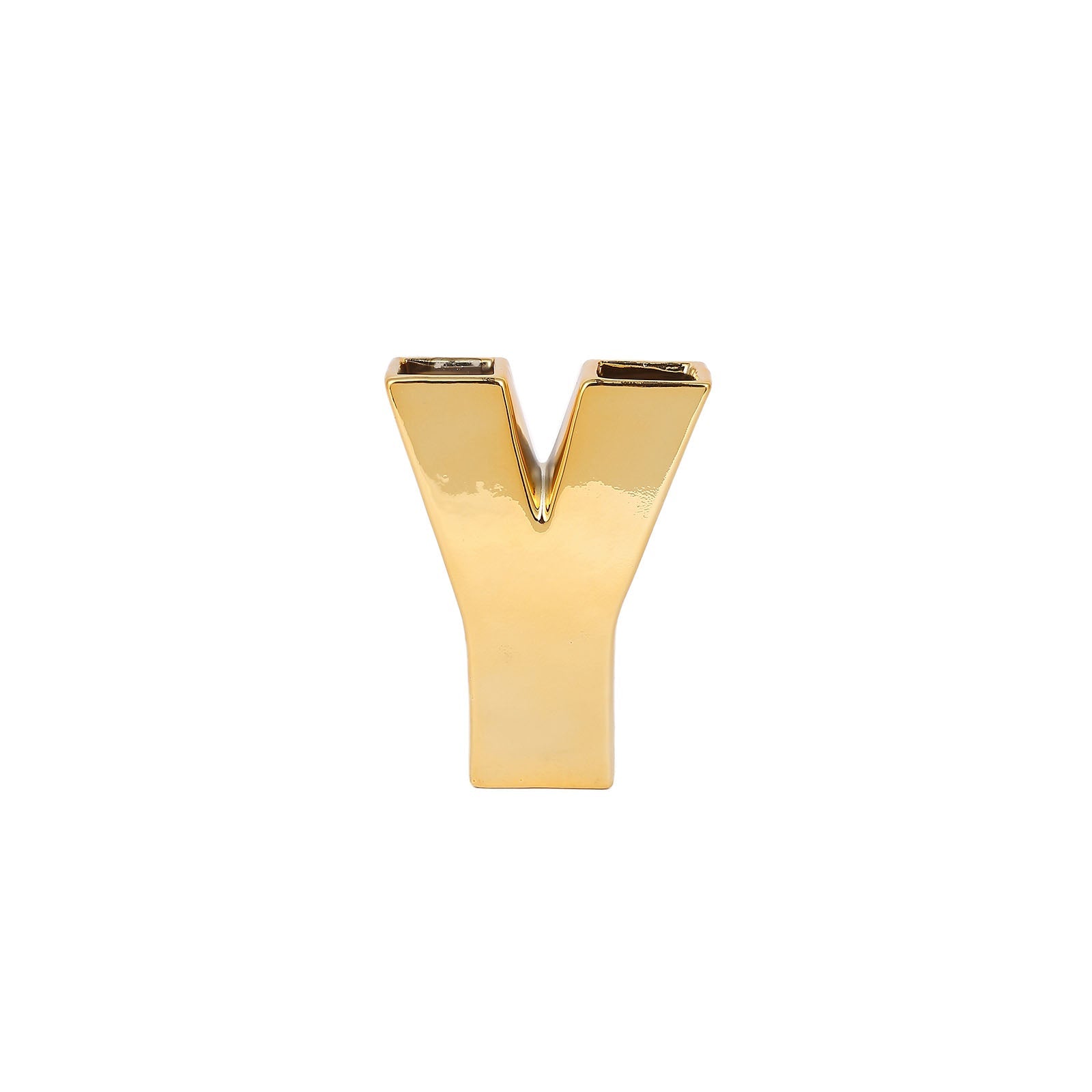 Tabletop Décor In 6 Inch Size Shiny Gold Plated Ceramic Letter "Y" Sculpture Flower Vase#whtbkgd