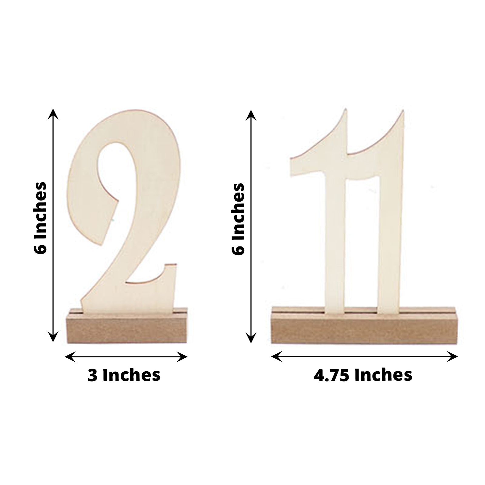 Natural wooden wedding table numbers set with holder base.