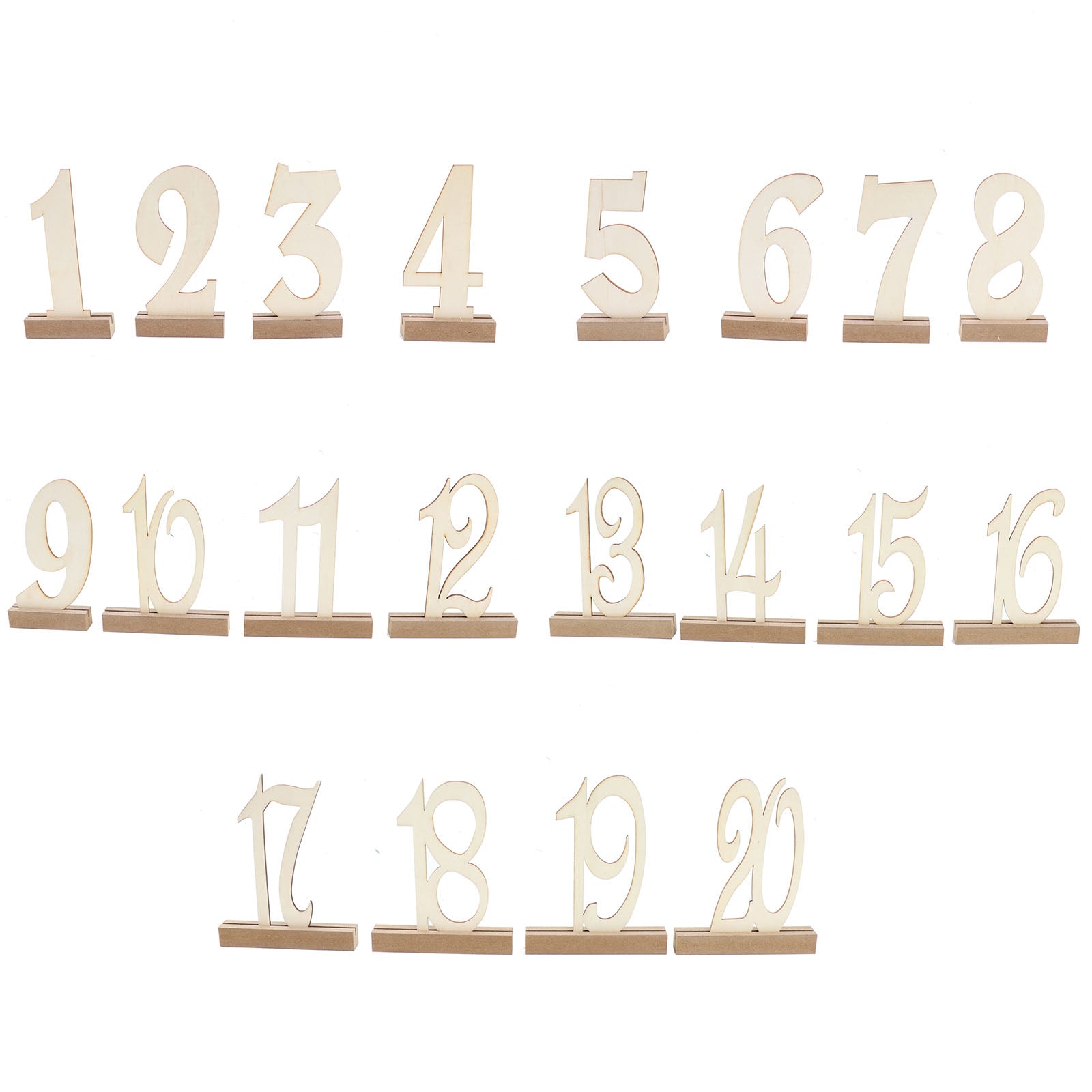 Natural wooden wedding table numbers set with holder base.