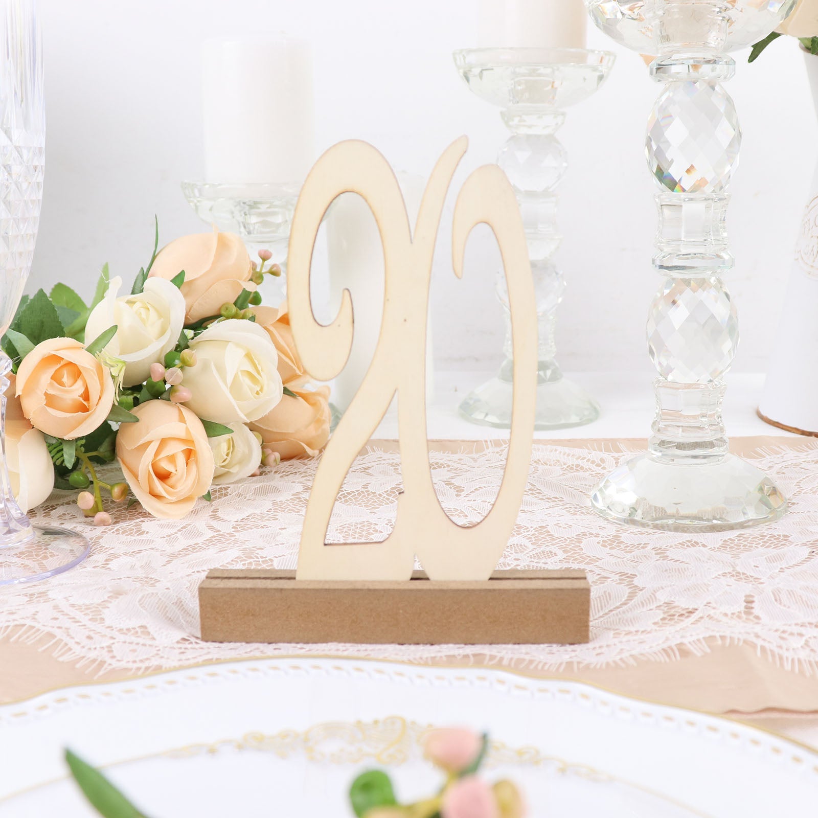 Natural wooden 20 wedding table number with holder base.