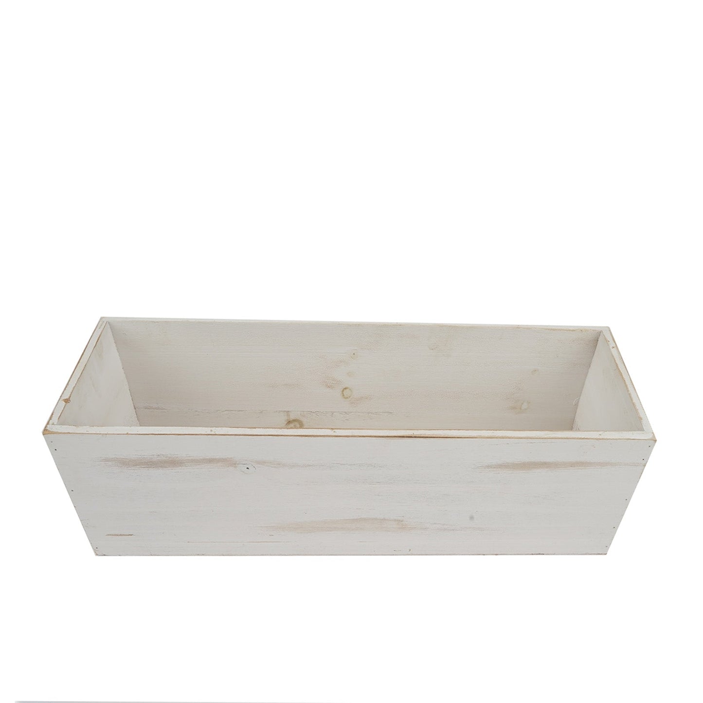 Whitewash rectangular wood planter box set with plastic liners.