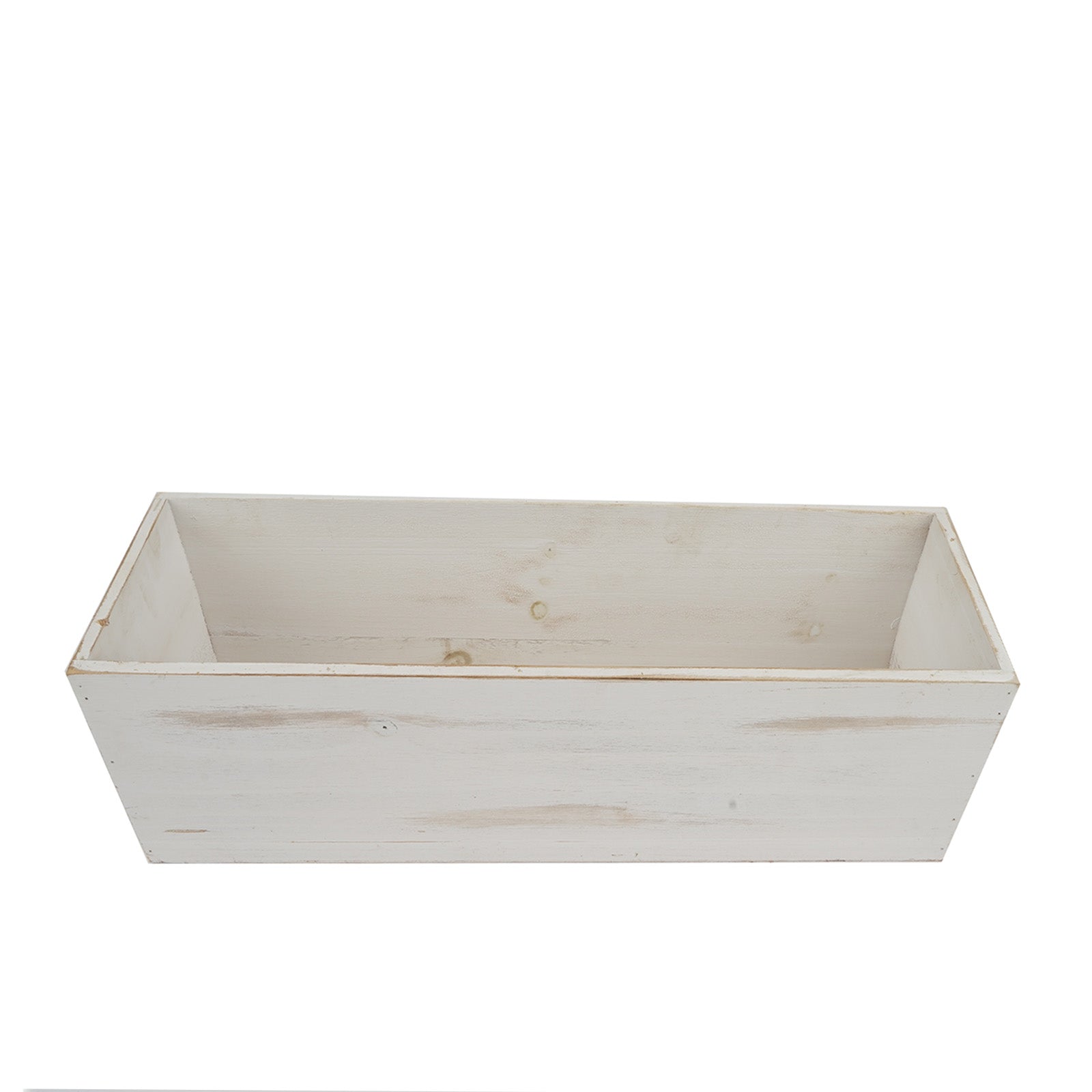 Whitewash rectangular wood planter box set with plastic liners.
