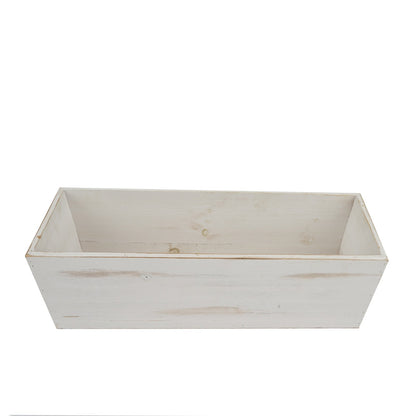 Whitewash rectangular wood planter box set with plastic liners.