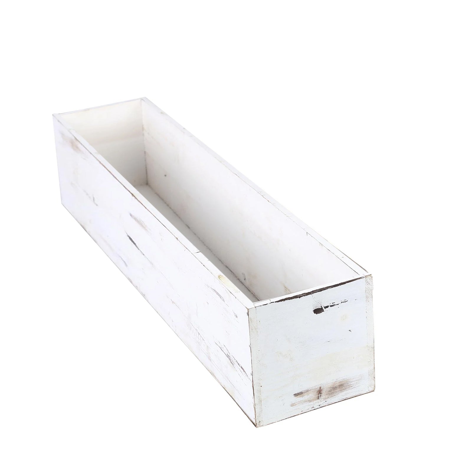 White rectangular wood planter box with removable plastic liners.