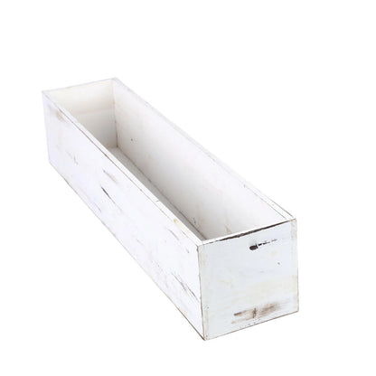 White rectangular wood planter box with removable plastic liners.