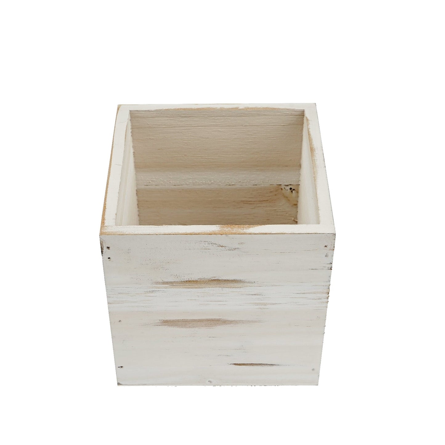 Whitewash square wood planter box set with removable plastic liners.