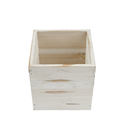 Whitewash square wood planter box set with removable plastic liners.