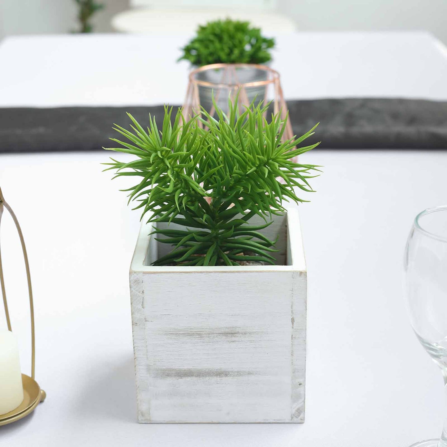 Whitewash square wood planter box with removable plastic liner and green plant.