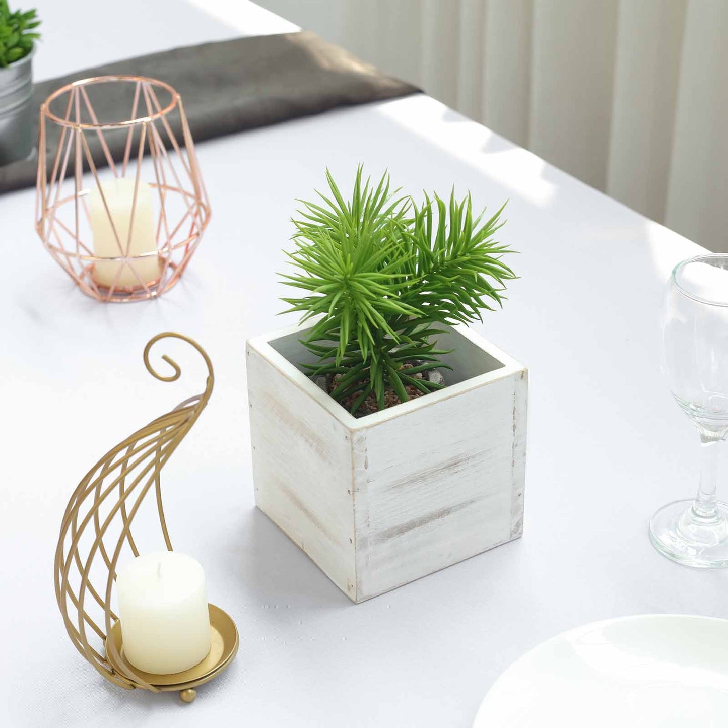 Whitewash square wood planter box with removable plastic liner and green plant.