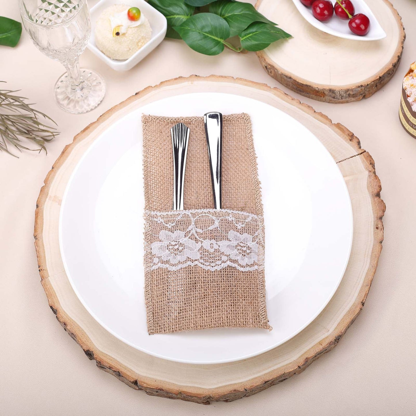 Natural color round wood slice table centerpiece.